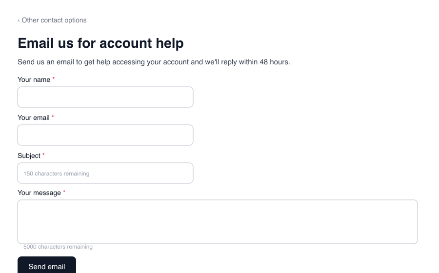 Shopify 联系支持页面 — Email us for account help 表单